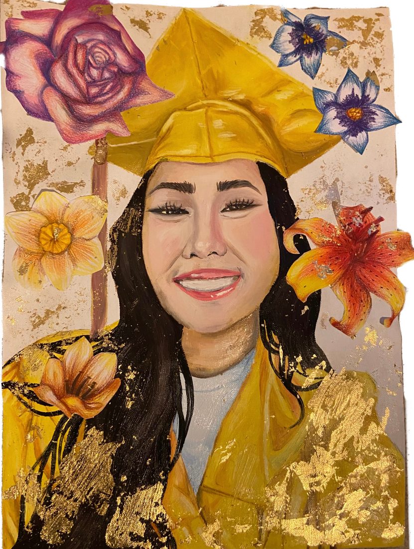Graduation portrait framed by painted flowers and gold leaf