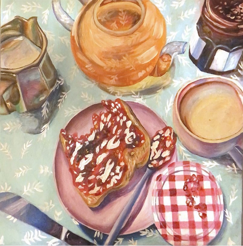 Overhead still life of toast with jam, a teapot, and a gingham-lidded jar