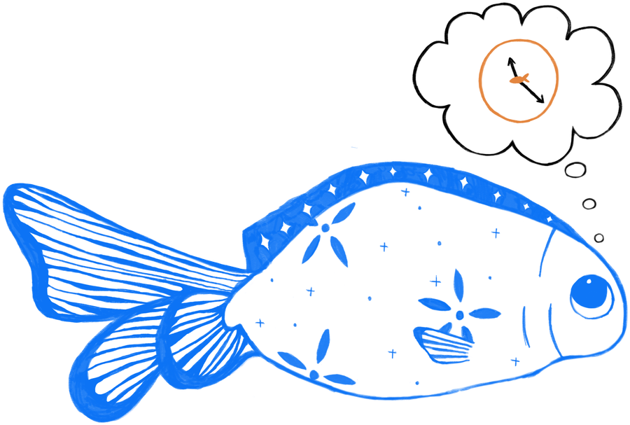 Fish imagining a clock in a thought bubble