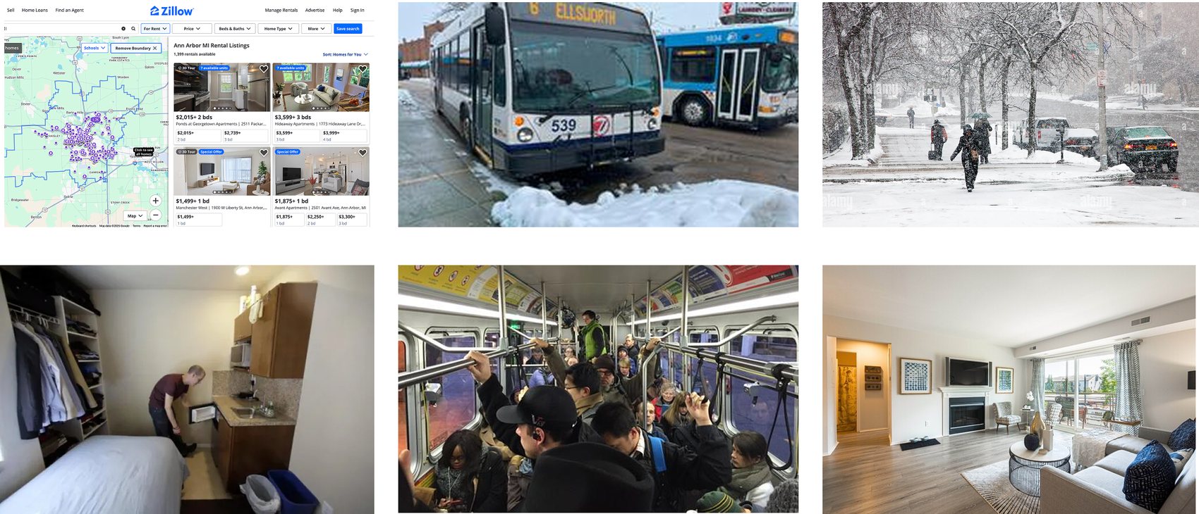Six photo-elicitation prompts: a Zillow search, buses in snow, a snowy sidewalk, a tiny apartment, a crowded bus, and a spacious living room