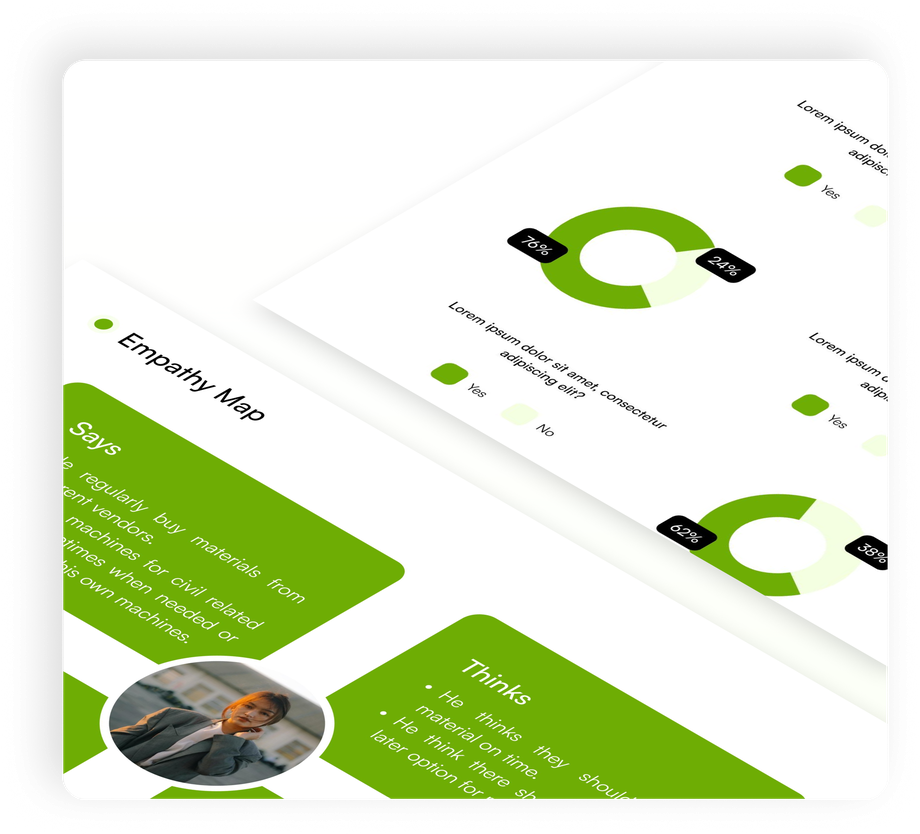 UX research case study cover with empathy map and survey charts