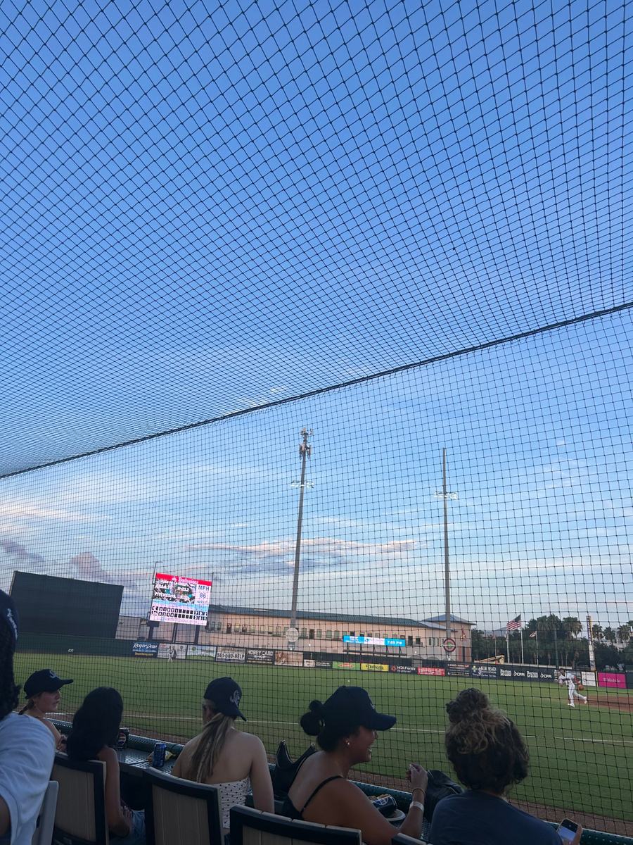 View of a baseball field through the netting